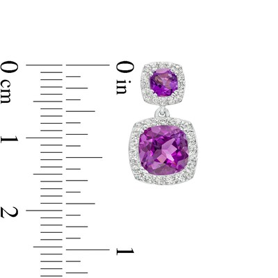Cushion-Cut Amethyst and White Lab-Created Sapphire Frame Double Drop Earrings in Sterling Silver