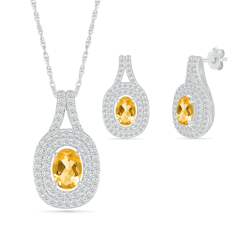 Oval Lab-Created Citrine and White Lab-Created Sapphire Double Frame Pendant and Drop Earrings Set in Sterling Silver|Peoples Jewellers