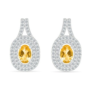 Oval Lab-Created Citrine and White Lab-Created Sapphire Double Frame Pendant and Drop Earrings Set in Sterling Silver