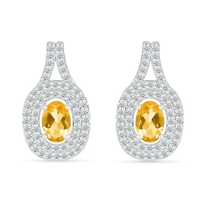 Oval Lab-Created Citrine and White Lab-Created Sapphire Double Frame Pendant and Drop Earrings Set in Sterling Silver