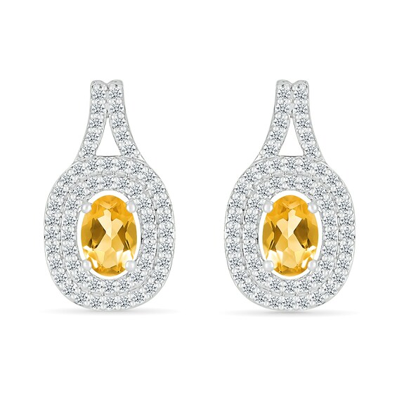 Oval Lab-Created Citrine and White Lab-Created Sapphire Double Frame Pendant and Drop Earrings Set in Sterling Silver