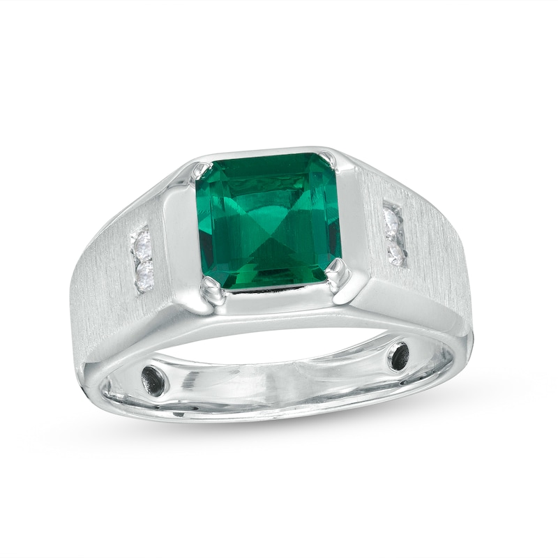 Men's 8.0mm Emerald-Cut Lab-Created Emerald and White Lab-Created Sapphire Ring in Sterling Silver - Size 10