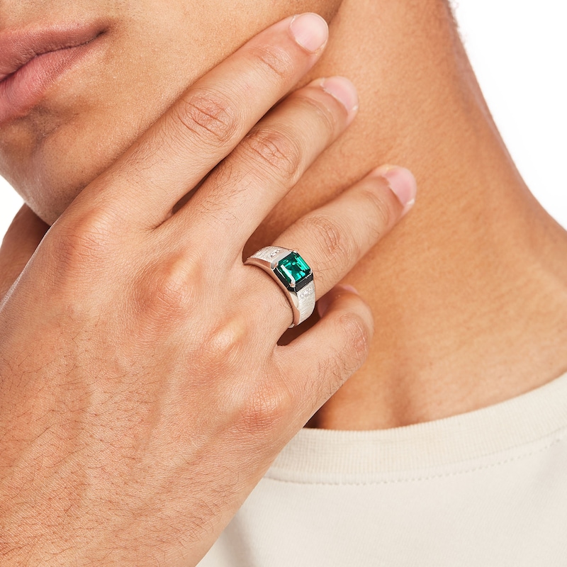 Main Image 2 of Men's 8.0mm Emerald-Cut Lab-Created Emerald and White Lab-Created Sapphire Ring in Sterling Silver - Size 10