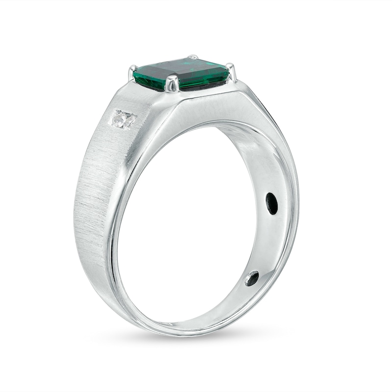 Main Image 3 of Men's 8.0mm Emerald-Cut Lab-Created Emerald and White Lab-Created Sapphire Ring in Sterling Silver - Size 10