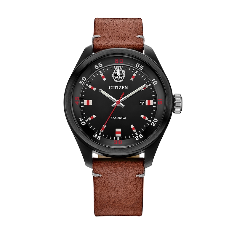 Men's Citizen Eco-Drive® Star Wars™ Chewbacca™ Brown Leather Strap Watch with Black Dial (Model: AW5008-06W)|Peoples Jewellers