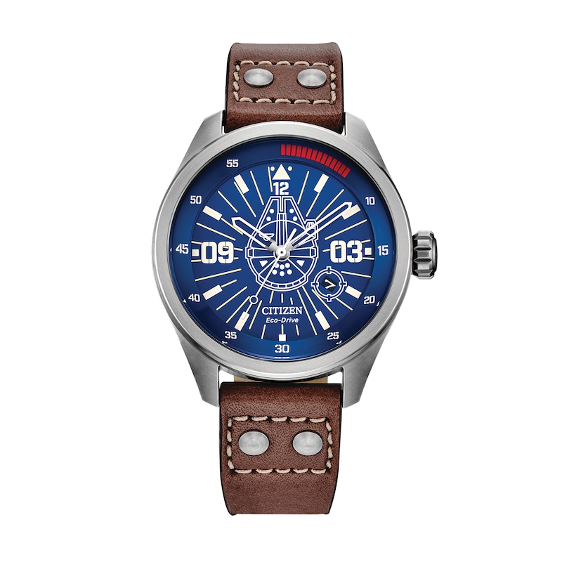 Men's Citizen Eco-Drive® Star Wars™ Han Solo™ Brown Leather Strap Watch with Blue Dial (Model: AW5009-03W)