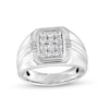 Thumbnail Image 0 of Men's 0.45 CT. T.W. Emerald-Shaped Multi-Diamond Ribbed Shank Ring in Sterling Silver