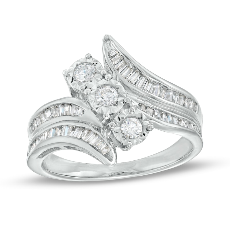 1.00 CT. T.W. Diamond Past Present Future® Trio Slant Double Row Bypass Engagement Ring in 10K White Gold