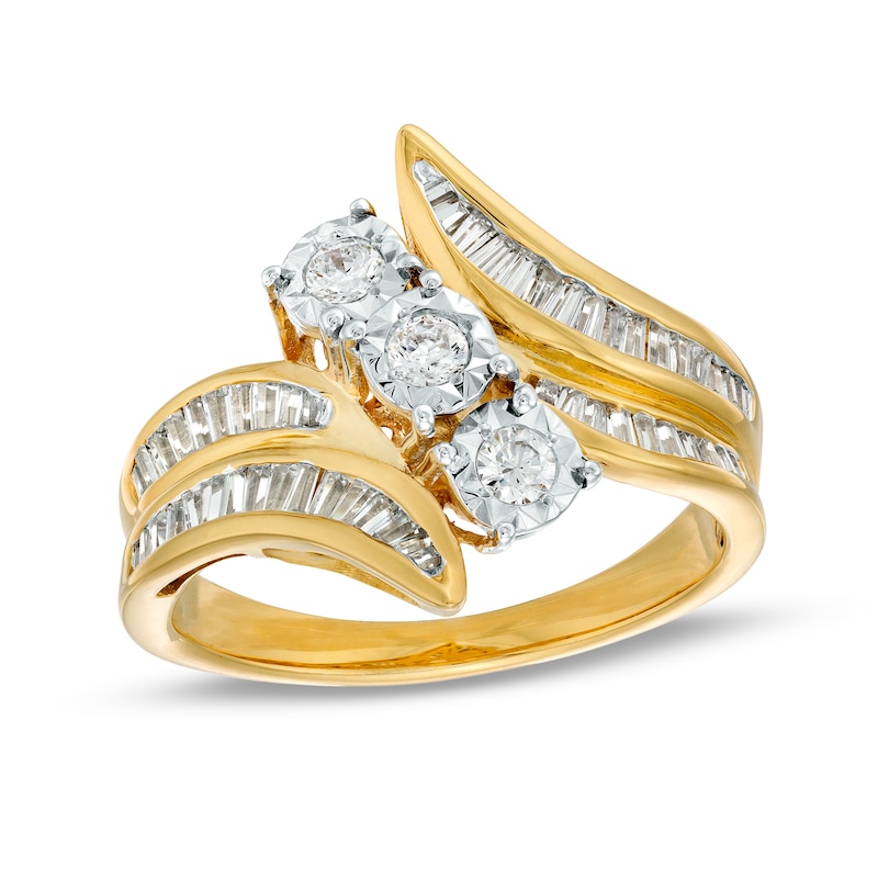 Main Image 1 of 1.00 CT. T.W. Diamond Past Present Future® Trio Slant Double Row Bypass Engagement Ring in 10K Gold