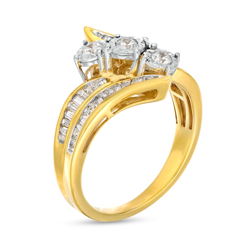 Main Image 3 of 1.00 CT. T.W. Diamond Past Present Future® Trio Slant Double Row Bypass Engagement Ring in 10K Gold