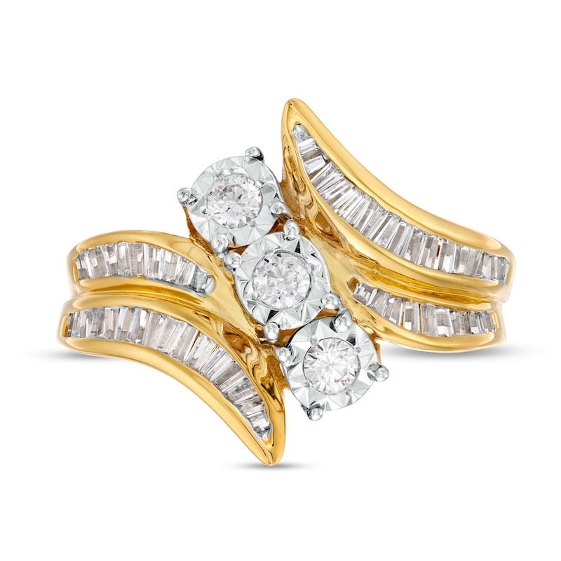 Main Image 4 of 1.00 CT. T.W. Diamond Past Present Future® Trio Slant Double Row Bypass Engagement Ring in 10K Gold