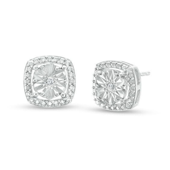 Diamond Accent Beaded Cushion-Shaped Frame Stud Earrings in Sterling Silver