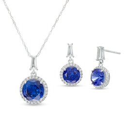Blue and White Lab-Created Sapphire Frame Pendant and Drop Earrings Set in 10K White Gold