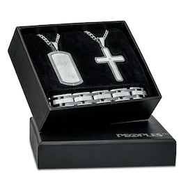 Men's Diamond Accent Solitaire Dog Tag, Cross Pendant and Link Bracelet Set in Stainless Steel and Black Ion-Plate – 24&quot;