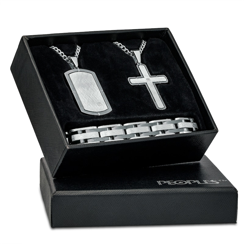 Men's Diamond Accent Solitaire Dog Tag, Cross Pendant and Link Bracelet Set in Stainless Steel and Black Ion-Plate – 24"