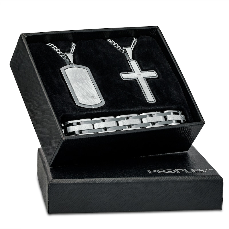 Men's Diamond Accent Solitaire Dog Tag, Cross Pendant and Link Bracelet Set in Stainless Steel and Black Ion-Plate – 24"|Peoples Jewellers