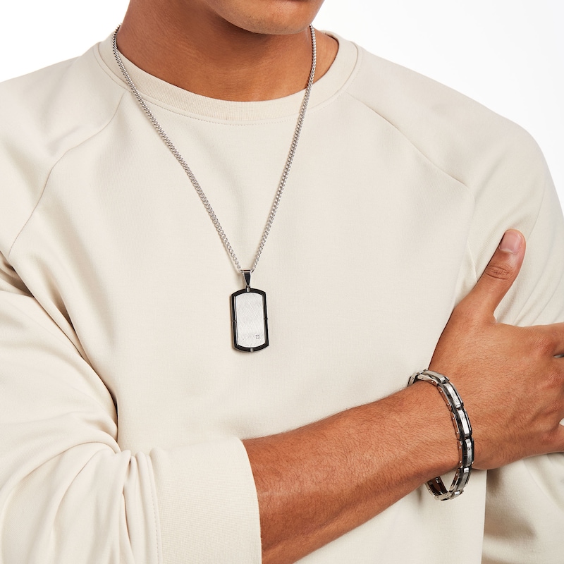 Men's Diamond Accent Solitaire Dog Tag, Cross Pendant and Link Bracelet Set in Stainless Steel and Black Ion-Plate – 24"