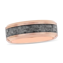 Men's 8.0mm Weave-Textured Bevelled Edge Wedding Band in Tungsten with Rose IP and Grey Carbon Fibre - Size 10