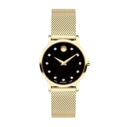Ladies' Movado Museum Classic 0.04 CT. T.W. Diamond Gold-Tone IP Mesh Watch with Black Dial (Model: 0607628)