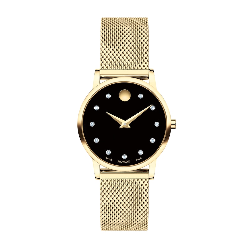 Ladies' Movado Museum Classic 0.04 CT. T.W. Diamond Gold-Tone IP Mesh Watch with Black Dial (Model: 0607628)