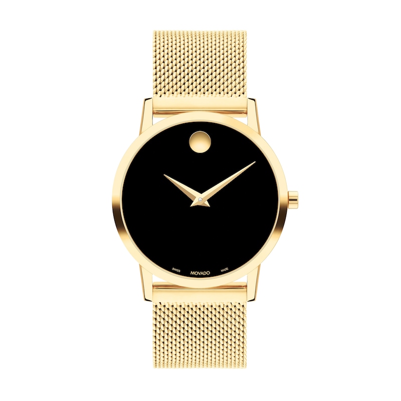 Ladies' Movado Museum Classic Gold-Tone PVD Mesh Watch with Black Dial (Model: 0607647)|Peoples Jewellers