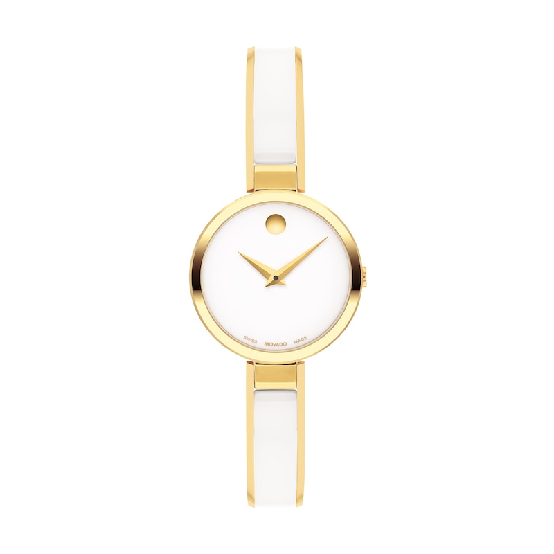 Ladies' Movado Moda Two-Tone PVD Ceramic Bangle Watch with White Dial (Model: 0607715)