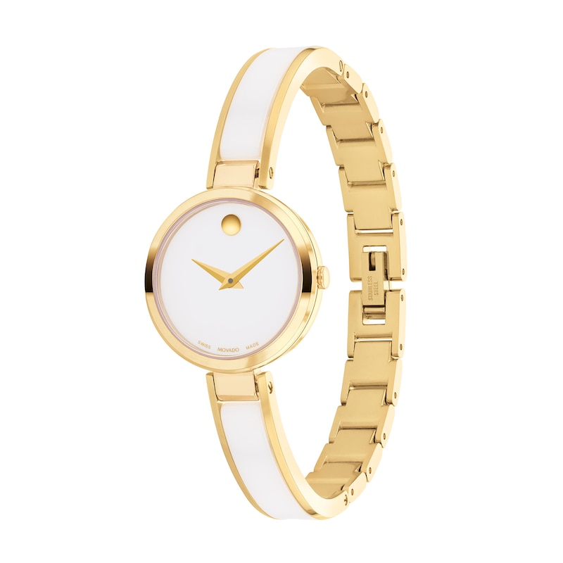 Ladies' Movado Moda Two-Tone PVD Ceramic Bangle Watch with White Dial (Model: 0607715)