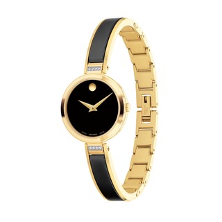 Lades' Movado Moda Diamond Accent Two-Tone PVD Ceramic Bangle Watch with Black Dial (Model: 0607716)