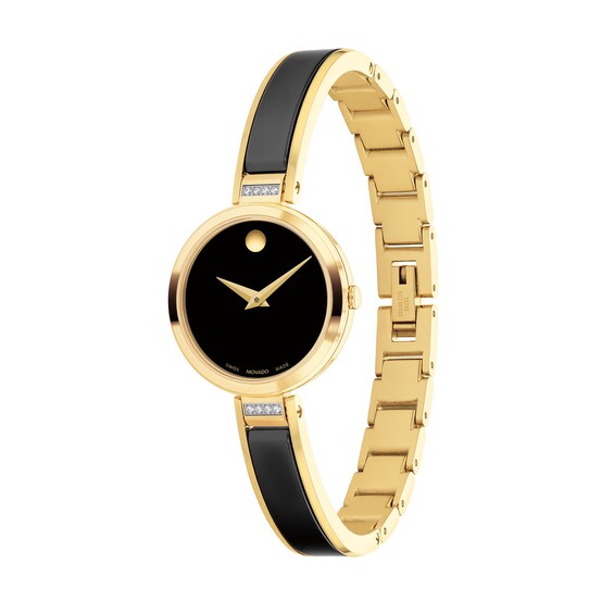 Lades' Movado Moda Diamond Accent Two-Tone PVD Ceramic Bangle Watch with Black Dial (Model: 0607716)