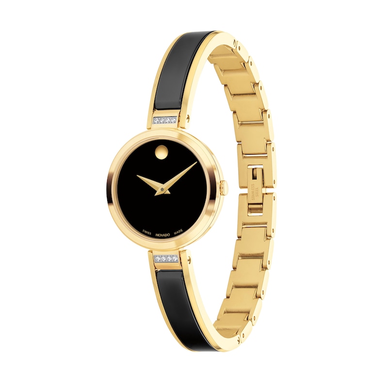 Lades' Movado Moda Diamond Accent Two-Tone PVD Ceramic Bangle Watch with Black Dial (Model: 0607716)