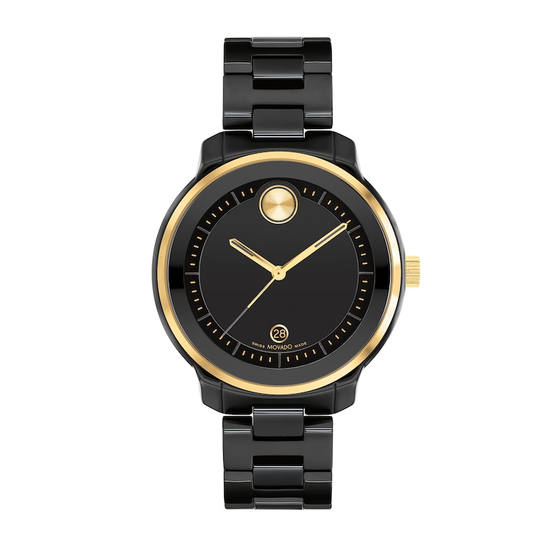 Ladies' Movado Bold® Verso Gold-Tone IP and Black Ceramic Watch with Black Dial (Model: 3600936)|Peoples Jewellers