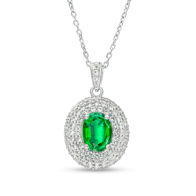 Oval Lab-Created Emerald and White Lab-Created Sapphire Triple Frame Pendant in Sterling Silver