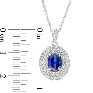 Oval Blue and White Lab-Created Sapphire Triple Frame Pendant in Sterling Silver