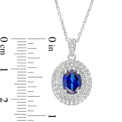 Oval Blue and White Lab-Created Sapphire Triple Frame Pendant in Sterling Silver
