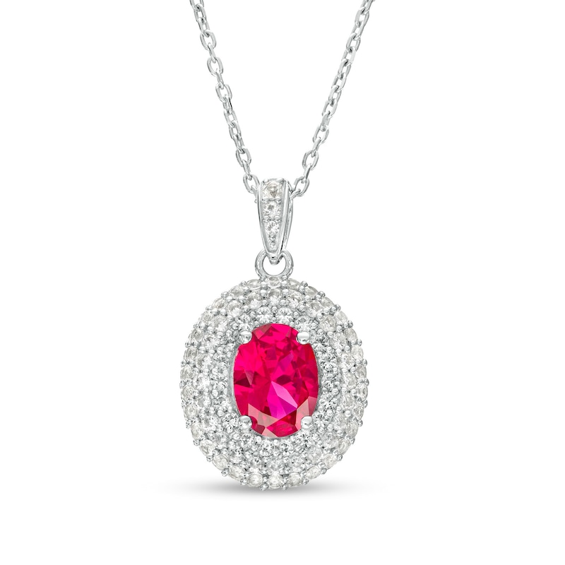 Main Image 1 of Oval Lab-Created Ruby and White Lab-Created Sapphire Triple Frame Pendant in Sterling Silver