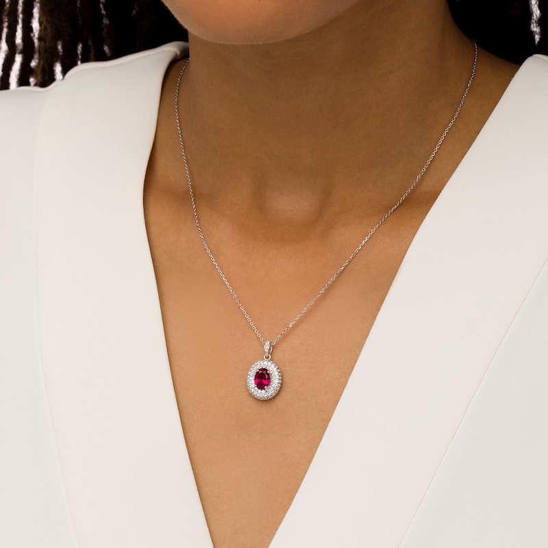Main Image 2 of Oval Lab-Created Ruby and White Lab-Created Sapphire Triple Frame Pendant in Sterling Silver
