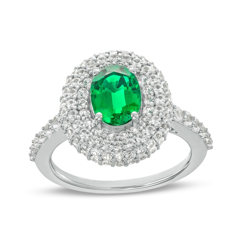 Oval Lab-Created Emerald and White Lab-Created Sapphire Stacked Multi-Row Frame Ring in Sterling Silver