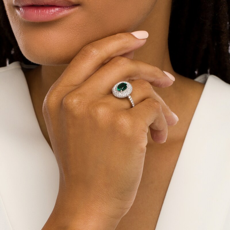 Oval Lab-Created Emerald and White Lab-Created Sapphire Stacked Multi-Row Frame Ring in Sterling Silver