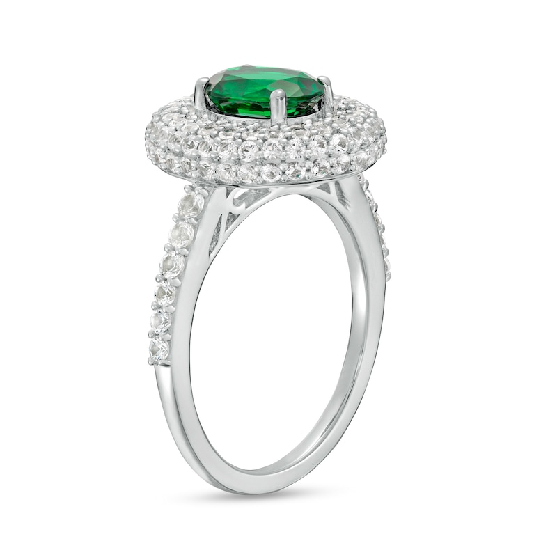 Oval Lab-Created Emerald and White Lab-Created Sapphire Stacked Multi-Row Frame Ring in Sterling Silver