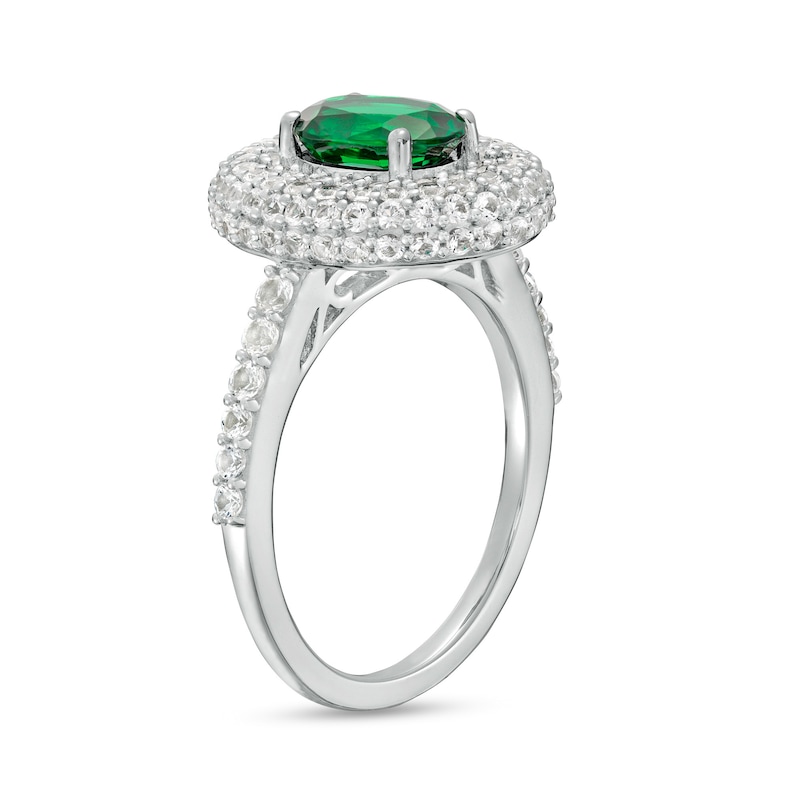 Main Image 3 of Oval Lab-Created Emerald and White Lab-Created Sapphire Stacked Multi-Row Frame Ring in Sterling Silver
