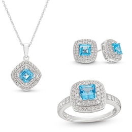 Princess-Cut Swiss Blue Topaz and White Lab-Created Sapphire Frame Pendant, Earrings and Ring Set in Sterling Silver