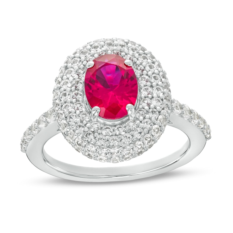 Oval Lab-Created Ruby and White Lab-Created Sapphire Stacked Multi-Row Frame Ring in Sterling Silver