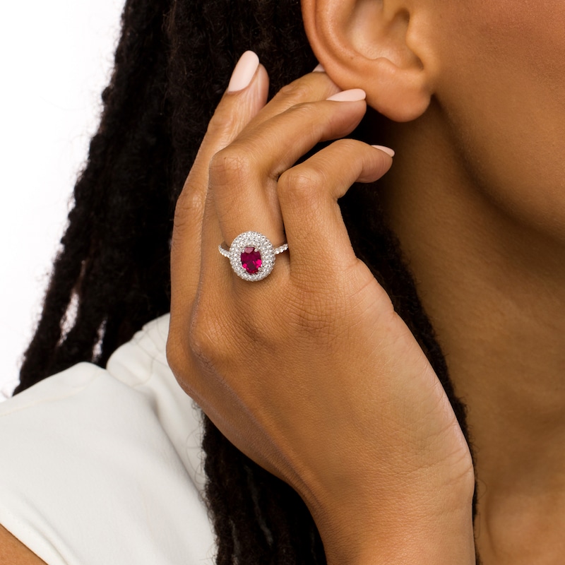 Oval Lab-Created Ruby and White Lab-Created Sapphire Stacked Multi-Row Frame Ring in Sterling Silver