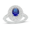 Thumbnail Image 0 of Oval Blue and White Lab-Created Sapphire Stacked Multi-Row Frame Ring in Sterling Silver