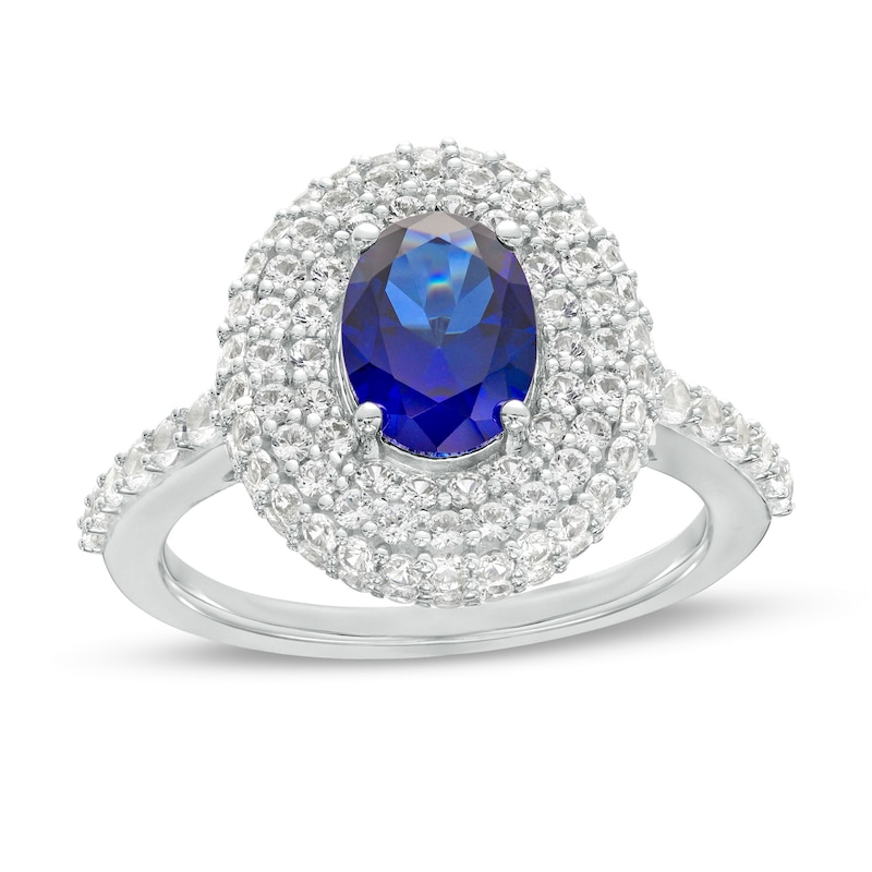 Oval Blue and White Lab-Created Sapphire Stacked Multi-Row Frame Ring in Sterling Silver