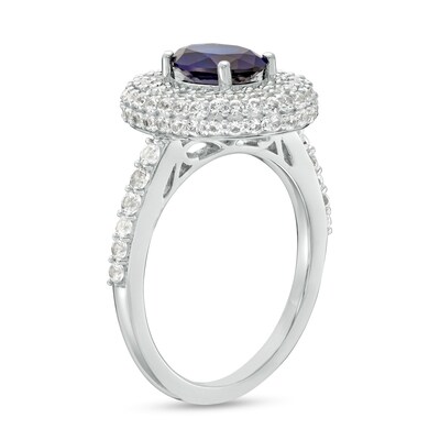 Oval Blue and White Lab-Created Sapphire Stacked Multi-Row Frame Ring in Sterling Silver