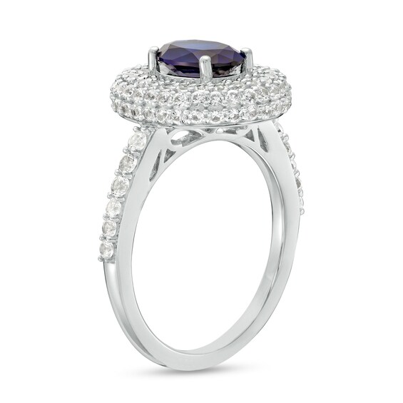Oval Blue and White Lab-Created Sapphire Stacked Multi-Row Frame Ring in Sterling Silver