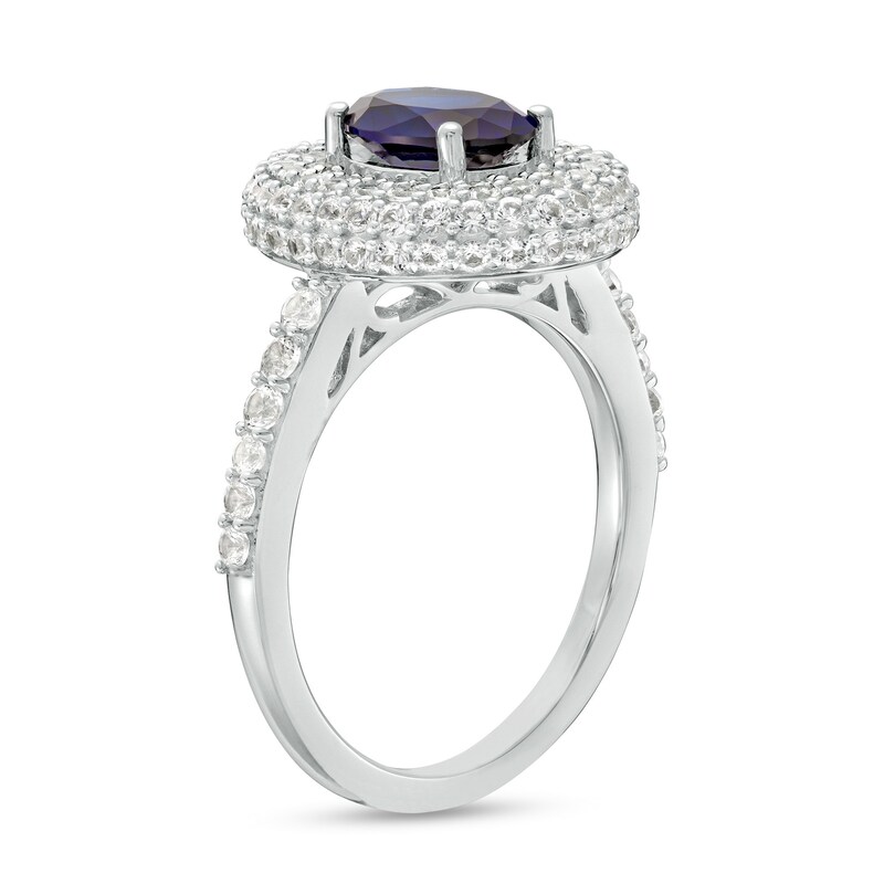 Oval Blue and White Lab-Created Sapphire Stacked Multi-Row Frame Ring in Sterling Silver