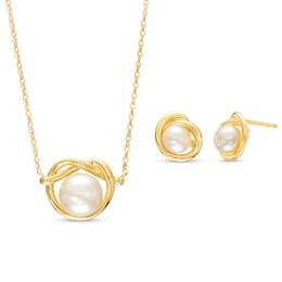 Cultured Freshwater Pearl Love Knot Necklace and Stud Earrings Set in 10K Gold