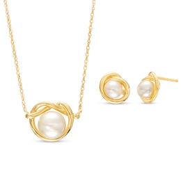 Freshwater Cultured Pearl Love Knot Necklace and Stud Earrings Set in 10K Gold
